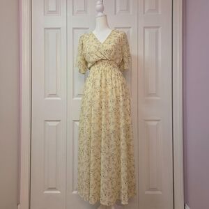 Boho Cottagecore Easter Pastel Yellow Pink Floral Maxi Dress Butterfly Sleeve XS